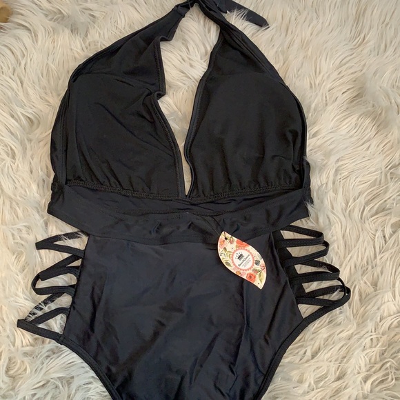 NWT Beach Queen black swim suit. Low cut halter with side cutouts - Picture 4 of 6